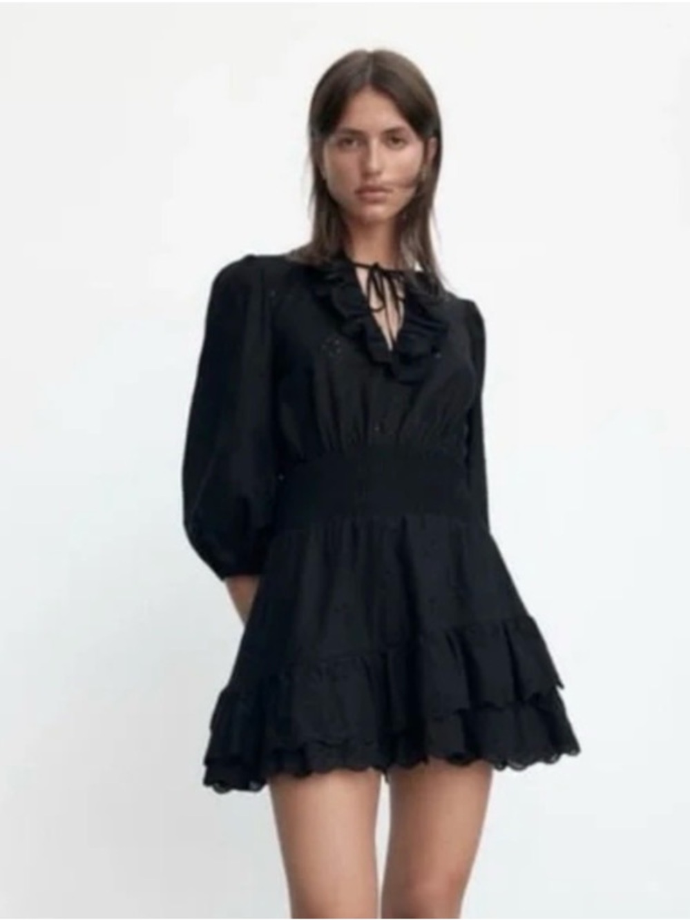Zara Black Eyelet Ruffle-Tiered Mini Dress
